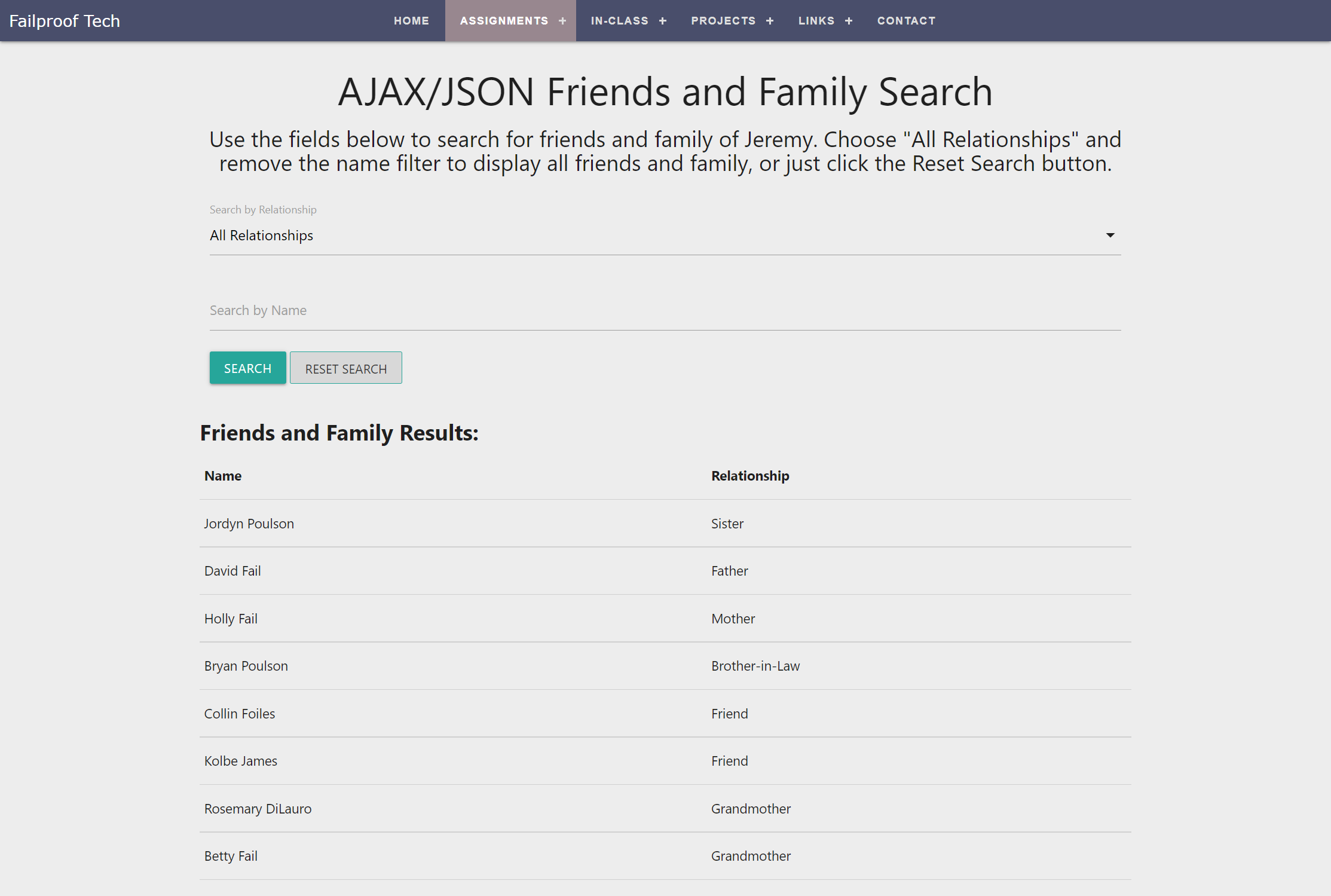 Friends and Family AJAX Search Assignment Screenshot